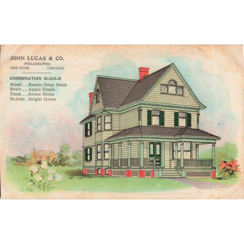 Vintage John Lucas Co Paint Color Advertising Card Victorian House Owego NY VG - Picture 1 of 2